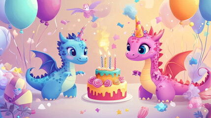 Baby dragons set of birthday or invitation cards or banners vector illustration. Cartoon funny little sitting dragons with wings. Fairy dinosaurs with cake, baloon, flower. Make a wish, hooray.