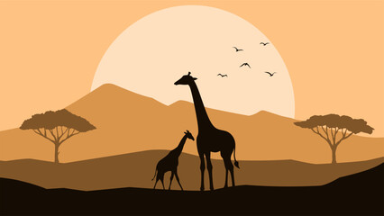 Wildlife landscape of a giraffe in a savannah scenery. Panoramic view of giraffe eating leaves from african tree. Vector illustration of scenic savanna with giraffe and flock of birds in the grassland