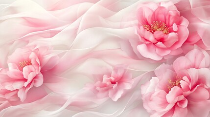 Fototapeta premium Pink Peonies on Delicate Sheer Fabric Background