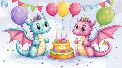 Baby dragons set of birthday or invitation banners vector illustration. Cartoon funny little sitting dragons with wings. Fairy dinosaurs with cake, baloon, flower. Make a wish, hooray.