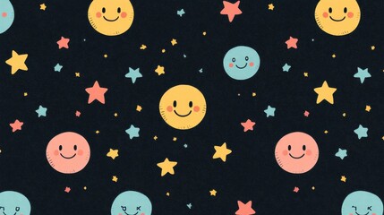 Colorful Pattern of Smiley Faces and Stars on Dark Background