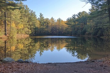 Fototapeta premium Serene forest lake reflecting trees on a calm water surface in a peaceful setting
