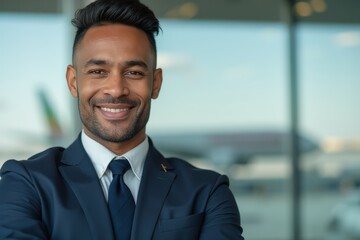 Fototapeta premium Head and shoulders Portrait of an elegant stylish Ethiopian 50 years old male flight attendant in uniform.