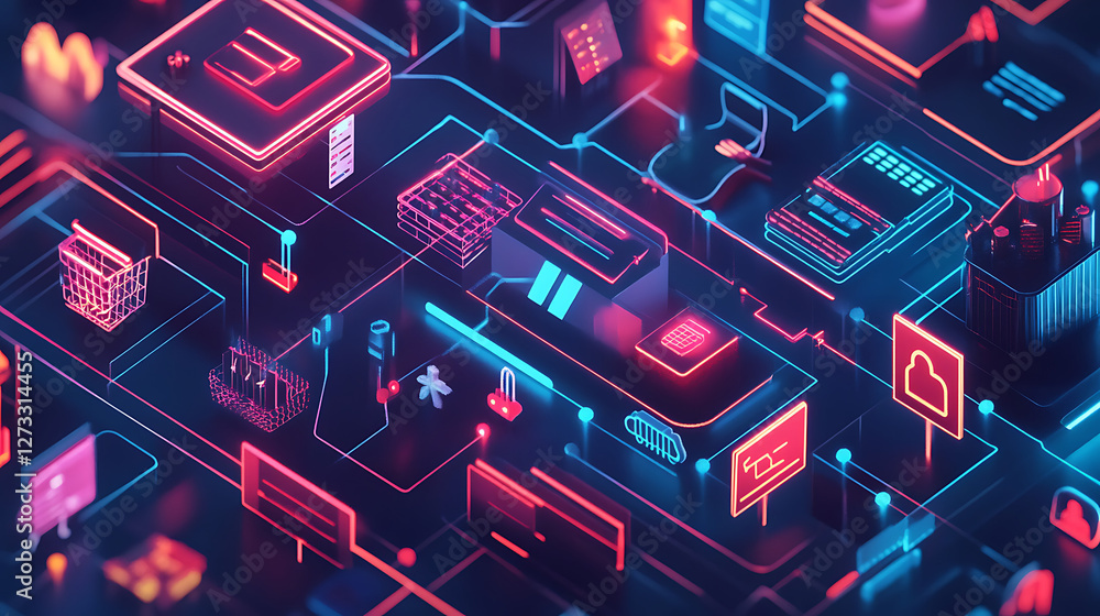 Poster a vibrant, high-tech digital landscape featuring interconnected nodes and symbols, showcasing a futu