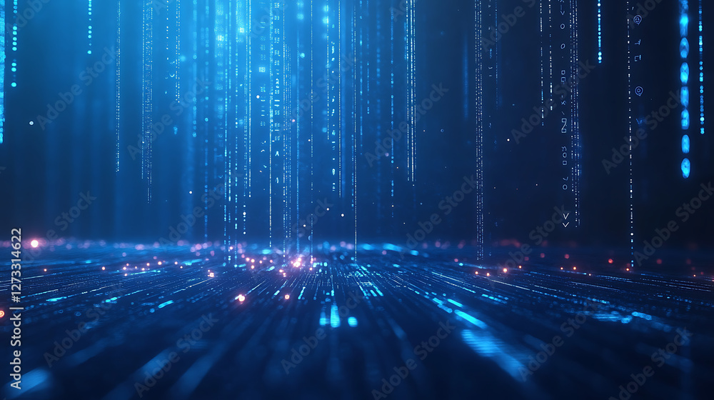 Poster a glowing blue digital landscape with data streams resembling falling code, creating a futuristic an