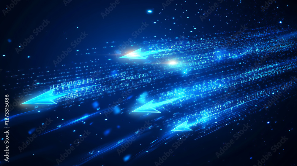 Fototapete a vibrant digital artwork featuring blue arrows moving dynamically through a field of binary code, s
