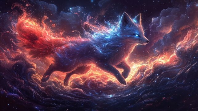 Fiery Fox Leaps Cosmic Nebula, Fantasy Art