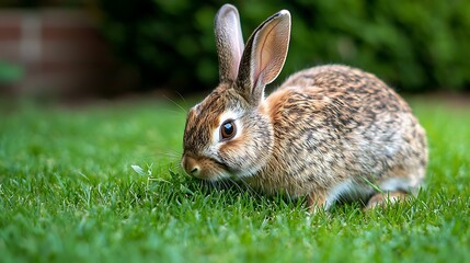 Fototapeta premium Bunny eating grass on lawn in backyard, with lush greenery background, for nature or animal use