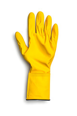 Top view bright yellow rubber cleaning glove isolated on white background