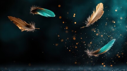 This captivating image displays vibrant feathers in mid-air, surrounded by soft sparkles, evoking a sense of freedom and lightness in a beautifully blurred background.