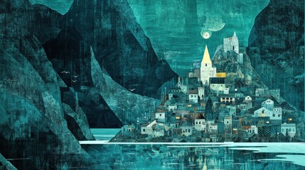 Stylized village nestled between mountains reflecting in water below