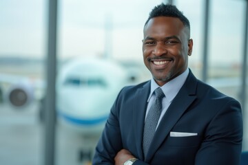 Fototapeta premium Head and shoulders Portrait of an elegant stylish Guyanese 50 years old male flight attendant in uniform.