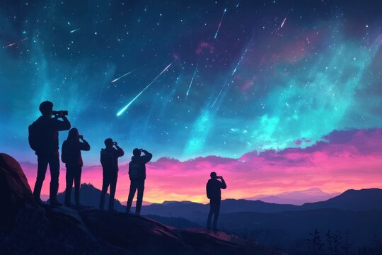 group of people using binoculars to observe a meteor shower, lively and dynamic atmosphere, colorful and vibrant night sky, serene astronomical environment