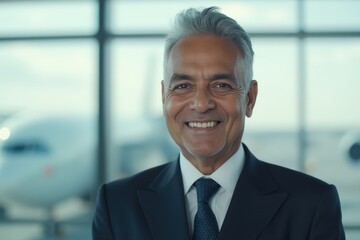 Fototapeta premium Head and shoulders Portrait of an elegant stylish Indian 50 years old male flight attendant in uniform.