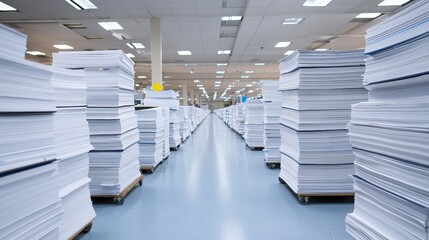A spacious warehouse filled with towering stacks of paper, creating a clean and organized environment for storage and distribution.medical records in a file cabinet, focusing on the various files and 