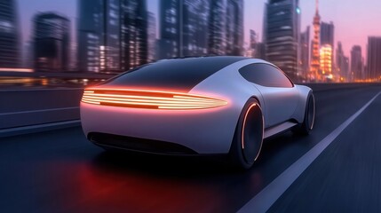 Fototapeta premium A sleek self-driving luxury car cruising through a neon-lit futuristic city, AI-driven transportation