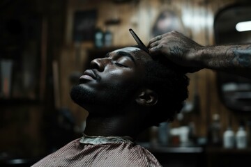 man enjoying precise haircut, barber using scissors and clippers, vibrant barbershop atmosphere