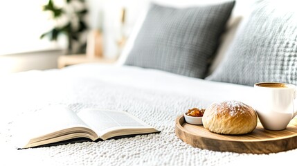 Morning relaxation with a semmel roll and coffee on a cozy bed tray
