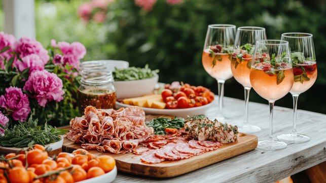 Festive Summer Backyard Brunch Scene with Delicious Food and Drinks