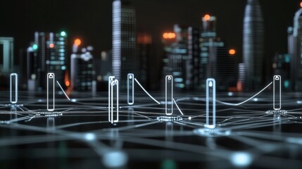Innovative technology integration urban cityscape digital connectivity nighttime environment aerial view smart city concept