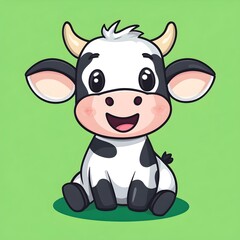 Obraz premium Cute Cartoon Cow Sitting on Green Background, 