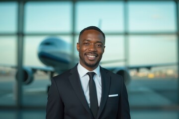Fototapeta premium Head and shoulders Portrait of an elegant stylish Jamaican 50 years old male flight attendant in uniform.