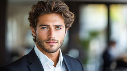 Fototapeta premium Confident Handsome Man with Blue Eyes in Business Suit
