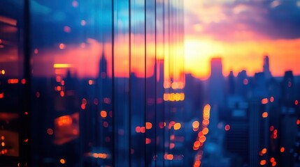 Fototapeta premium Urban landscapes, close-up of a city skyline reflecting off a glass building at sunset