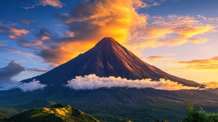 Fototapeta premium Majestic mountain peak surrounded by dramatic clouds at sunset