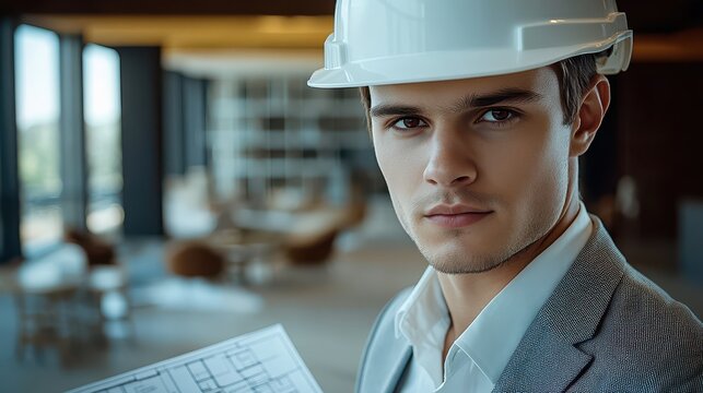 Confident Young Architect Reviewing Building Plans in Modern Office