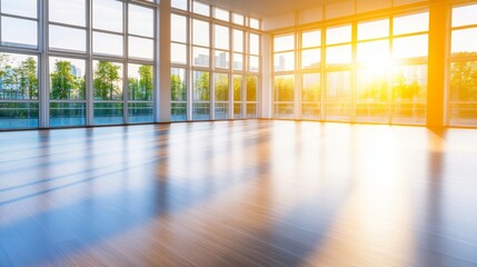 Bright, spacious interior of a modern building with large windows and sunset lighting