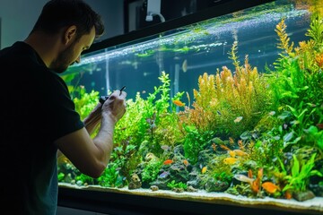 Aquarist adjusting aquarium filter, clean and modern equipment, vibrant freshwater environment with colorful fish and lush green plants, dynamic setting
