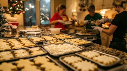 Wide shot of a kitchen counter filled with trays of Christmas cookies, with family members in the background decorating them together.