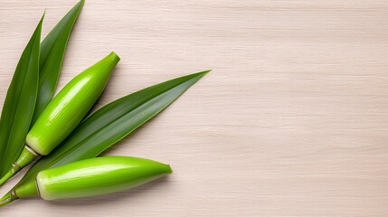 Fresh Green Plant Pods and Leaves Arranged on a Light Wooden Surface