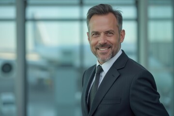 Fototapeta premium Head and shoulders Portrait of an elegant stylish Kuwaiti 50 years old male flight attendant in uniform.