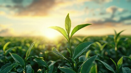 Fototapeta premium Glowing Fresh Tea Leaves at Sunrise in a Scenic Landscape