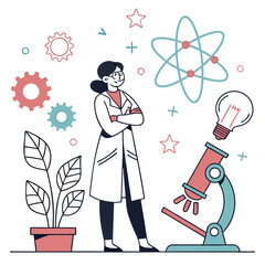 Discover the World of Microbiology: Colorful, Modern Vector Illustration of a Female Scientist at Work with a Microscope
