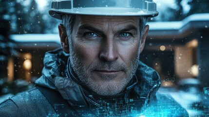 Confident Construction Worker in Winter, Futuristic Overlay