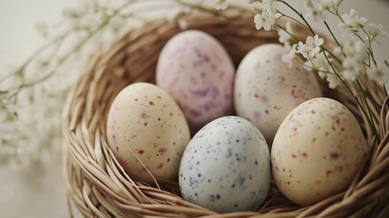 Obraz premium Unusually painted easter eggs. Wicker nest filled with colorful easter eggs and white spring flowers, celebrating the joy and tradition of easter. Rustic organic eco style
