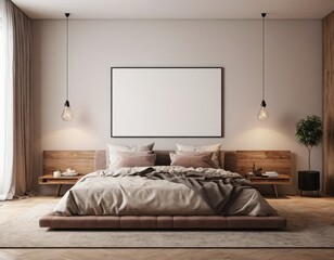 Modern bedroom interior with empty blank wall for mockup template display. 3D Rendering