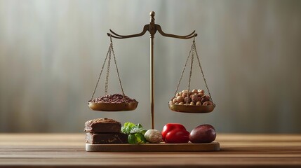 A diverse selection of fresh organic vegetables arranged around a scale, the balance of essential nutrients for a healthy diet. The mindful eating, wellness, and the benefits of natural food choices
