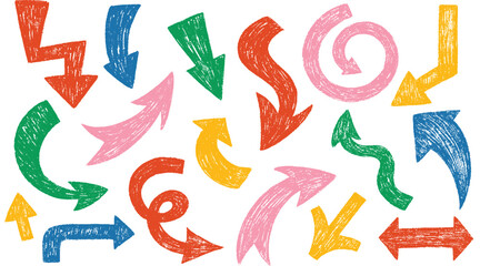 Bold crayon drawn arrows set. Collection of color thick kid grunge geometric abstract arrows. Grunge doodle black different directions. Vector elements with pencil texture, scribble icons