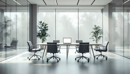 Fototapeta premium A minimalist modern office with glass walls, natural light, and a conference table setup.