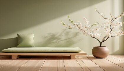 落ち着いた和の要素を取り入れたモダンな春の空間、桜の枝と座布団が演出する温かみのあるインテリア
