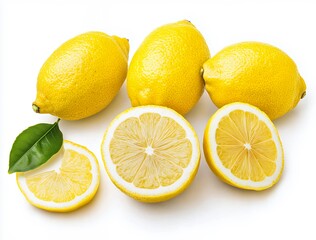 Fresh Lemons on White Background Featuring Whole and Sliced Fruit with Vibrant Yellow Colors