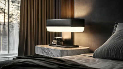 Contemporary bedside lamp with a rectangular shade, sitting on a marble side table in a modern bedroom setting.