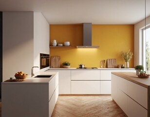 Modern Kitchen interior with empty blank wall for mockup template display. 3D Rendering