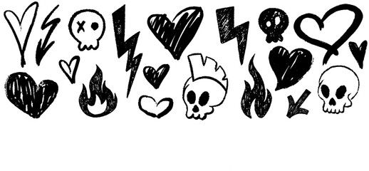 Doodle grunge punk and rock icon set. Hand drawn crayon lightnings, sculls, arrows, hearts, and flame. Crayon hand drawn graffiti groovy punk print kit, emo gothic. Pencil and charcoal scribbles