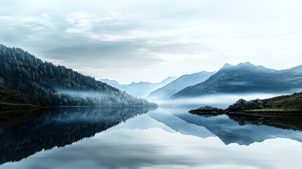 Tranquil nature photography misty mountains and serene lake in a wide-angle minimalist view