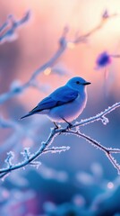 bluebird perched on frosty branch under glowing light, isolated serene background, symbolic composition of resilience and natural beauty, tranquil artistic harmony